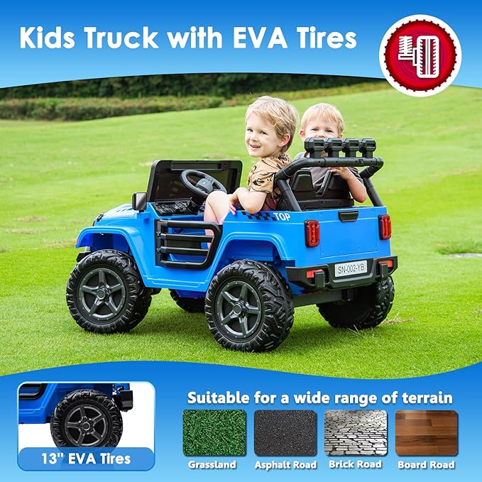 24V 2 Seater Ride On Truck with Remote Control 4WD Electric Car for Kids Ride On Car Battery Powered Ride On Toy Car with Music Player, LED Lights, Bluetooth, Rear Shock Absorber, Blue-CubbioJoy