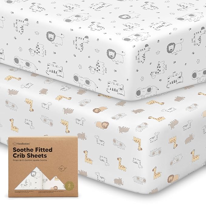KeaBabies 2-Pack Organic Crib Sheets for Boys, Girls - 52x28 Fitted Crib Mattress Sheet Neutral, Breathable Jersey Cotton Cover for Baby Bed, Toddler Mattress, Soft & Cute Prints (KeaSafari)-CubbioJoy