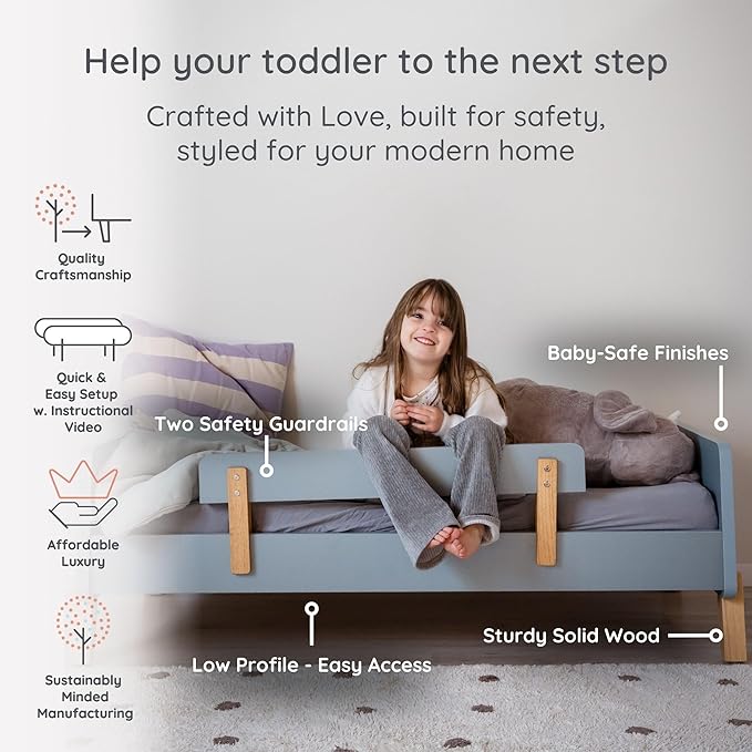dadada Muse Blue Toddler Bed with 2 Removable Safety Rails. Low Profile Montessori Bed. Sturdy Solid Wood Frame, Fits Standard Crib Mattress, Easy to Assemble, Toddler Bed for Boys & Girls - Blue-CubbioJoy