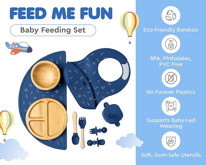 Bamboo Baby Feeding Set for Infants & Toddlers - Baby Essentials, Non-Toxic, Sustainable, Bamboo Suction Plate & Bowl, Bib, Sippy Cup w/Lid & Straw, Perfect Baby Shower Gifts (Midnight Blue)-CubbioJoy