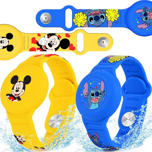 2 Pack AirTag Bracelet for Kids, Waterproof Cute Cartoon Air tag Holder for Kids with Watch Band Design, Full Coverage Silicone Airtag Hidden Accessories for Child, Healthy Material Blue + Yellow-CubbioJoy