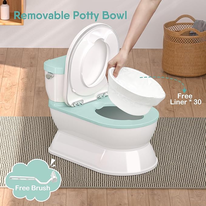 2-in-1 Toddler Potty Training Toilet - Larger Potty Chair & Detachable Training Seat for Boys & Girls Ages 1-3 with Flushing Sound, Wipes Storage, Toilet Paper Holder - Cyan-CubbioJoy