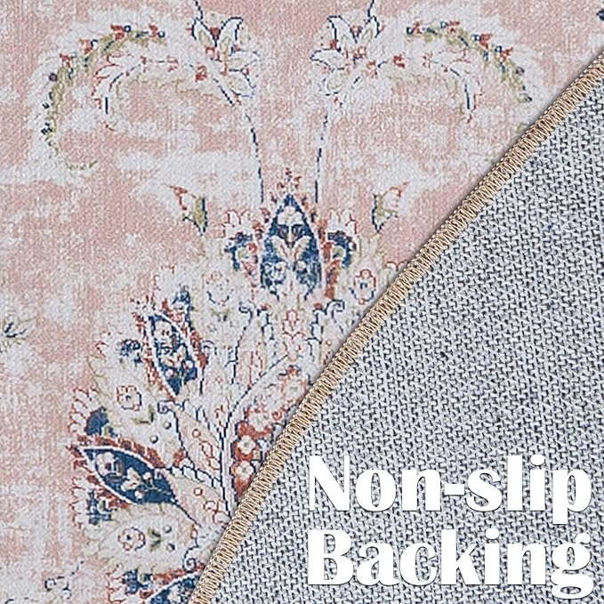 jinchan Round Rug 4ft Area Rugs Vintage Floral Distressed Design - Machine Washable Non-Slip Low-Pile Ultra-Thin Circle Rug for Entryway Bedside Living Room Dining Room Bedroom (4' Round,Pink)-CubbioJoy