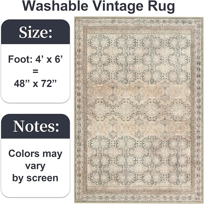 4x6 Area Rug for Bedroom Machine Washable, Non Slip Vintage Floral Kitchen Rugs for Dining Room, Rustic Indoor Floor Carpet for Nursery, Farmhouse, Office Classroom Beige/Pink/Orange-CubbioJoy
