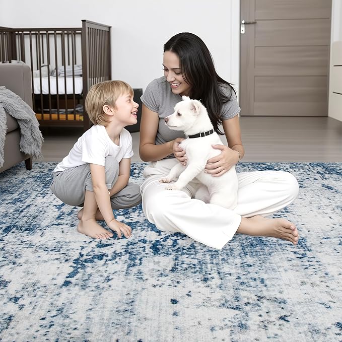 9x12 Area Rug Living Room Rug: Washable Modern Abstract Soft Thin Rug Indoor Floor No Slip Stain Resistant Carpet for Bedroom Dining Room Farmhouse Nursery Home Office - Blue-CubbioJoy