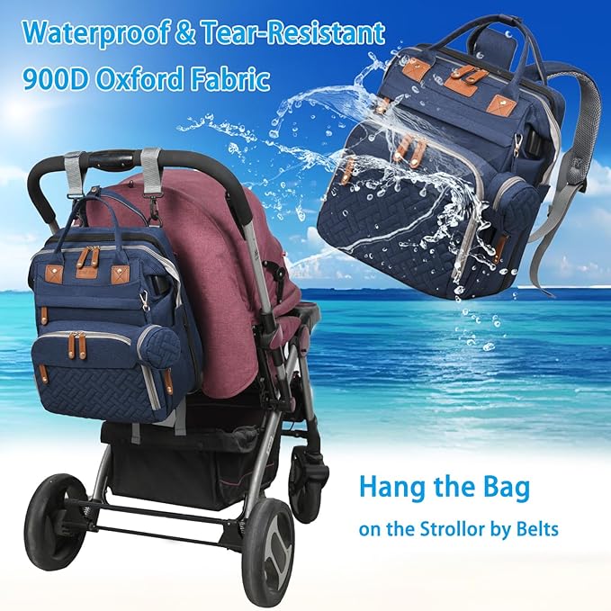 Jeryswet Baby Diaper Bags with Changing Station, Waterproof Large Capacity Diaper Bag Backpack for Moms Dads with USB Charging Port and Stroller Straps, Baby Shower Gifts, Blue-CubbioJoy