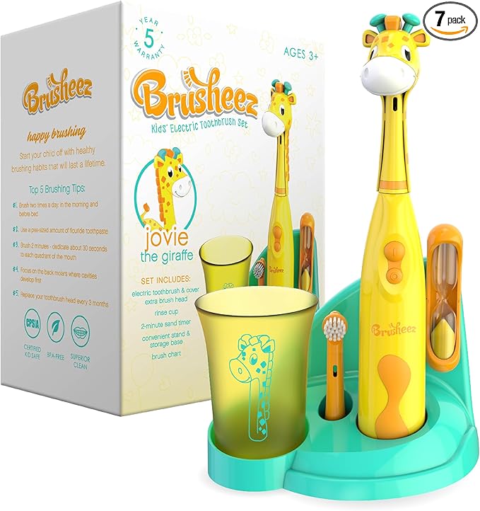 Brusheez Kids’ Electric Toothbrush Set - Safe & Effective for Ages 3+ - Parent Tested & Approved with Gentle Bristles, 2 Brush Heads, Rinse Cup, 2-Minute Timer, & Storage Base (Jovie The Giraffe)-CubbioJoy