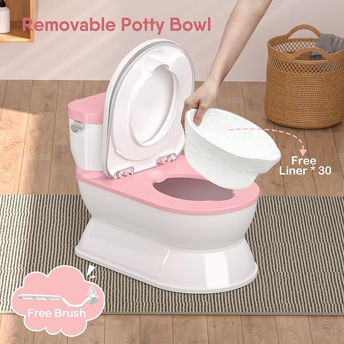 2-in-1 Toddler Potty Training Toilet - Larger Potty Chair & Detachable Training Seat for Boys & Girls Ages 1-3 with Flushing Sound, Wipes Storage, Toilet Paper Holder - Pink-CubbioJoy