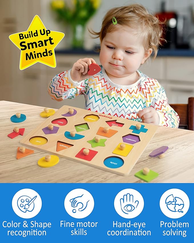 Coogam Montessori Toy Wooden Shape Peg Puzzle, Fine Motor Color Matching Sorting Board, Early Learning Educational Activity Toy Gift for Preschool Toddler Baby 3 4 5 Year Old-CubbioJoy