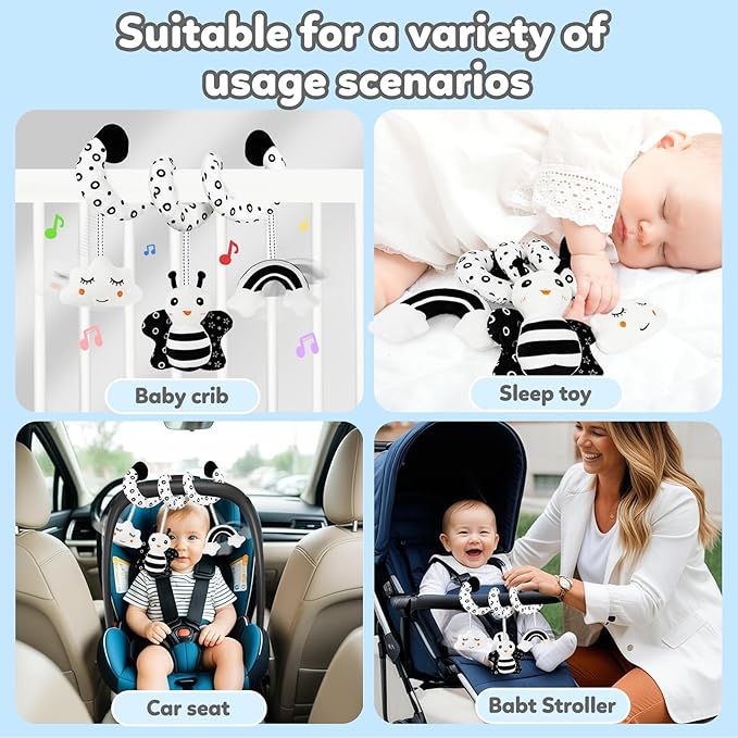 Car Seat Toy,Stroller Toys,Car Seat Toys for Babies 0-6 months Boy Girl,Spiral Hanging Stroller Black and White High Contrast Sensory Toy Newborn Plush Activity Toys Thank You Gifts for 0 3 6 9 Months-CubbioJoy
