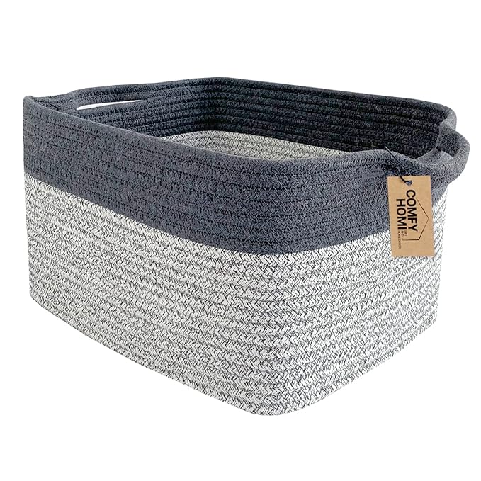 COMFY-HOMI Cotton Rope Woven Basket with Handles for Shelves,Toys,Book, Cloth Storage Baskets Bin for Organizing-13.5"x11"x9.5" Toy Decorative Organizer for Living Room, Bathroom-Light Grey-CubbioJoy