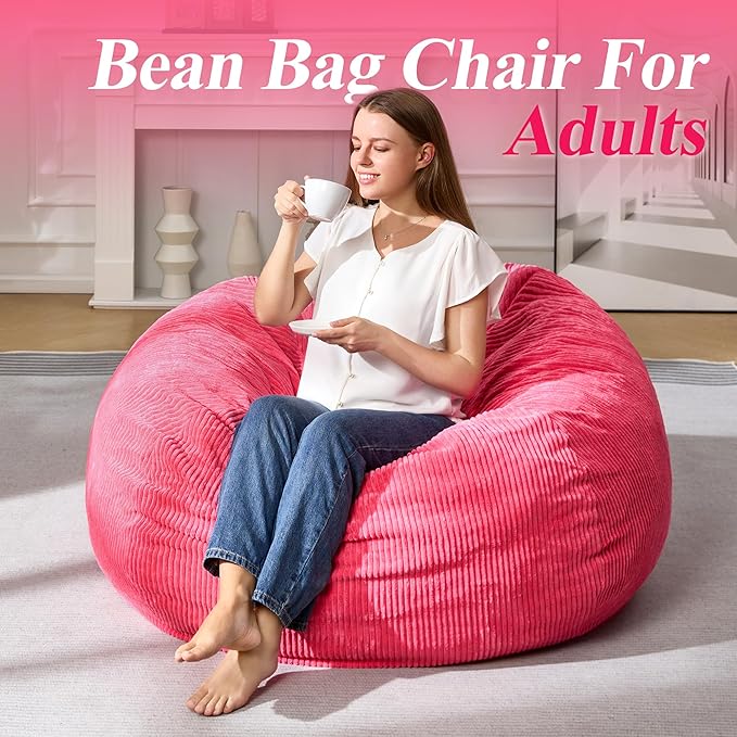 3.5FT Bean Bag Chairs Teardrop Bean Bag Chair for Adults Beanbag Chair with Memory Foam Filled Machine Washable Cover for Living Room, Bedroom (Large,Pink)-CubbioJoy