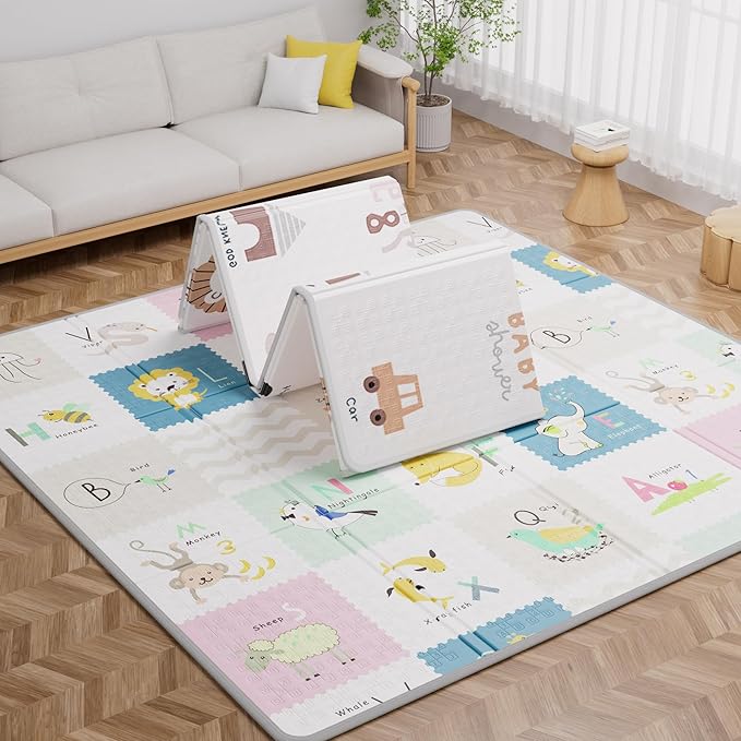 59x59 Baby Play Mat, Foldable Baby Mat for Floor Tummy Time and Crawling, Waterproof & Anti-Slip Reversible Portable for Toddler Infant-CubbioJoy