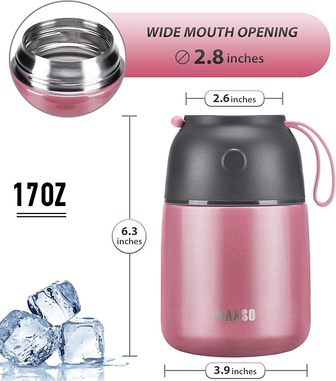 Insulated Food Jar for Hot & Cold Food for Kids Adult,17 oz Soup Thermo Hot Food Containers for Lunch, Triple Layer Insulation Stainless Steel Food Jar with Spoon (Pink)-CubbioJoy