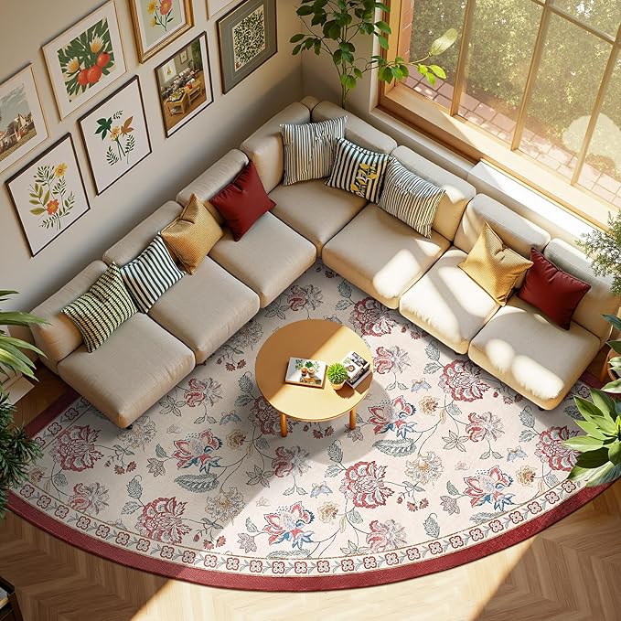 jinchan Floral Corner Rug for Living Room Washable Bedroom Rug Vintage Romance Design Non Slip Quarter Circle Lightweight Low-Pile Throw Carpet for Reading Nook Playroom,7ft Radius, Red/Beige-CubbioJoy