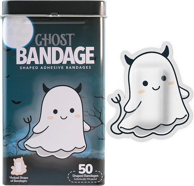 BioSwiss Bandages, Halloween Ghost Shaped Self Adhesive Bandage, Latex Free Sterile Wound Care, Fun First Aid Kit Supplies for Kids, 50 Count-CubbioJoy