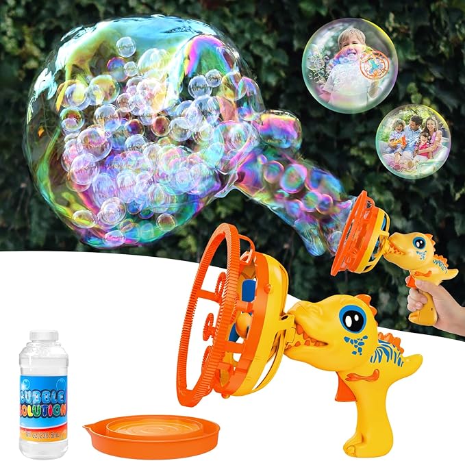 Bubble Gun Bubble Machine Dinosaur Bubble Blower Toy for Kids and Toddlers Bubble in Bubble Gun Party Favors Birthday Christmas Easter Gift for 3 4 5 6 7 8 9 Years Old Boys and Girls (Yellow)-CubbioJoy