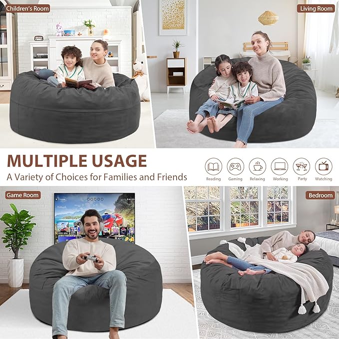 3FT Bean Bag Chair, Comfy Bean Bag Chairs with Memory Foam Filled, Fluffy Beanbag Sofa with Dutch Velvet Cover, Round BeanBag Chairs for Living Room, Playroom- Grey-CubbioJoy
