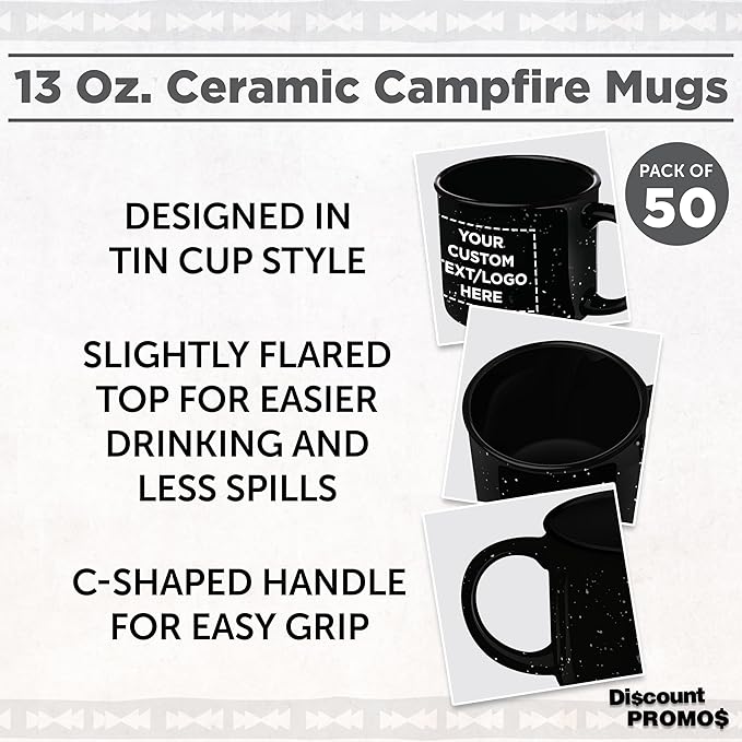 DISCOUNT PROMOS Custom Ceramic Campfire Coffee Mugs 13 oz. Set of 50, Personalized Bulk Pack - Perfect for Tea, Espresso, Cappuccino, Hot Cocoa - Black-CubbioJoy