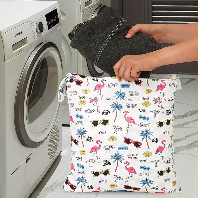 2pcs Travel Waterproof Laundry Bag, Cloth Diaper Wet Dry Bags with Handle & 2 Zipper Pockets, Reusable Washable Dirty Clothes Bag for Baby Adult Travelling Hanging, Bathing Beach Pool Daycare-CubbioJoy