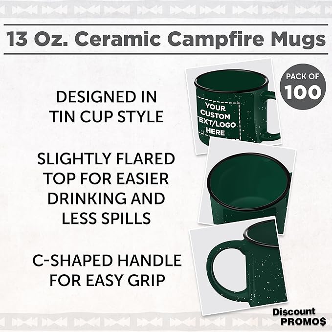 DISCOUNT PROMOS Custom Ceramic Campfire Coffee Mugs 13 oz. Set of 100, Personalized Bulk Pack - Perfect for Tea, Espresso, Cappuccino, Hot Cocoa - Green-CubbioJoy