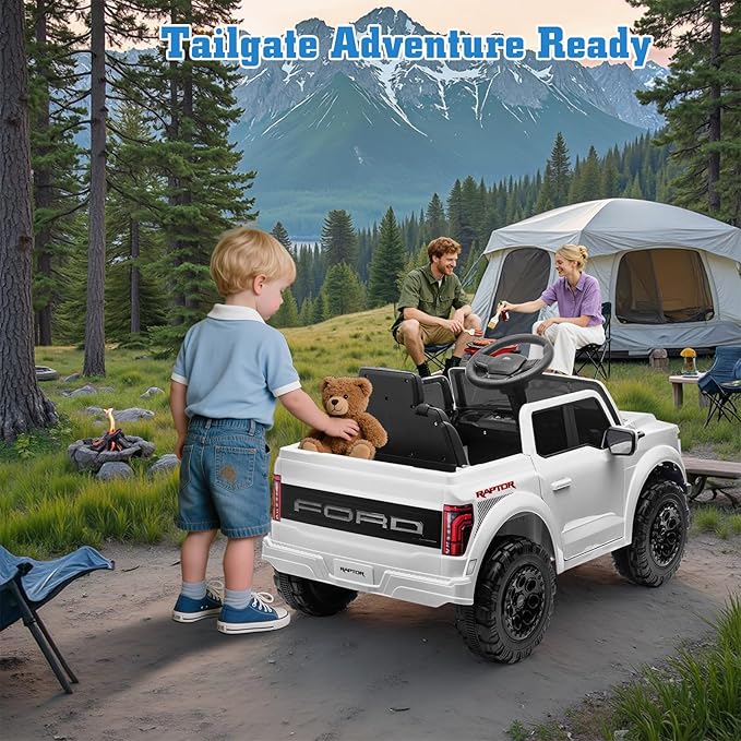 12V Ride on Car Licensed Ford F-150 Raptor, Kids Electric Car with Remote Control, LED Light/Music/MP3, Truck Bed Storage, 3-Point Seat Belt (12V, White)-CubbioJoy