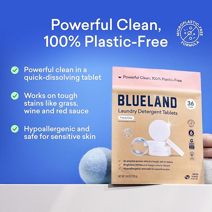 BLUELAND Laundry Detergent Tablets, Starter Set, 60 Count with Tin, Plastic-Free Eco-Friendly Pods, Sheets, Liquid Alternative - Fragrance Free and Clear, Natural, Gentle-CubbioJoy
