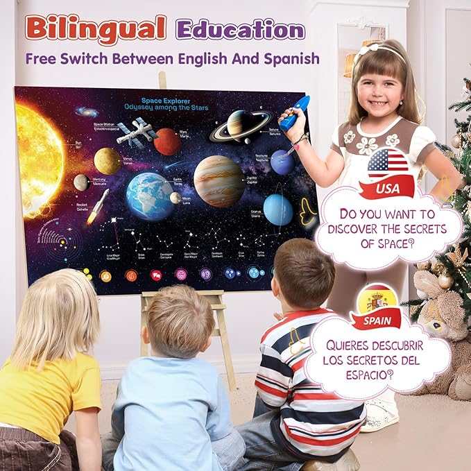 Bilingual Interactive Solar System Poster for Kids – Educational Talking Space Poster for Kids Aged 3-12, STEM Learning Toy, Ideal for Classroom & Home, Space-Themed Wall Decor-CubbioJoy