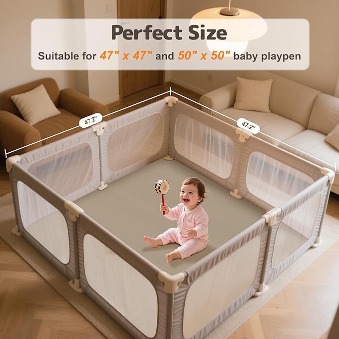 Baby Play Mat 47x47 Inches, Extra Thick 1.2" Foam Floor Mat for Tummy Time & Crawling, Waterproof Non-Slip Faux Leather Playpen Mat for Infants Toddlers, Indoor Outdoor Gym Activity, Brown-CubbioJoy