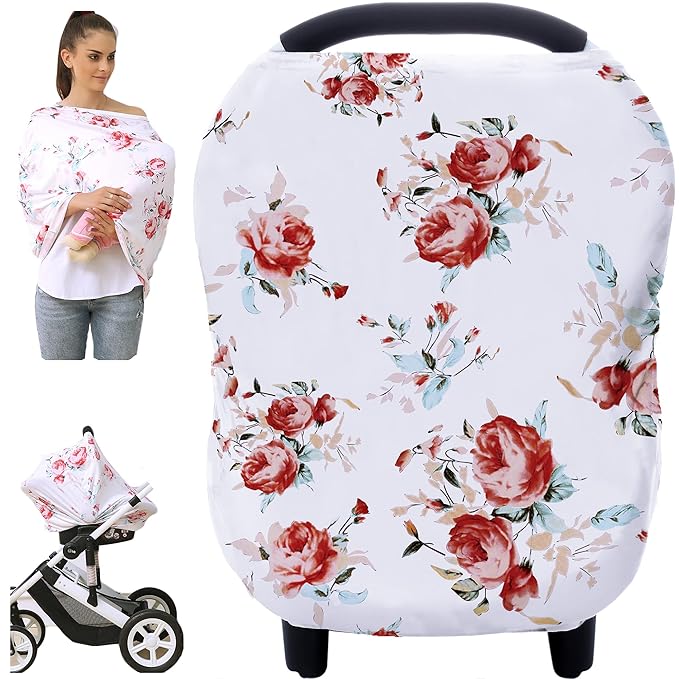 Baby Car Seat Covers - Stroller Canopy Breastfeeding Covers, Multi-use Carseat Canopy, for Boys and Girls Shower Gift (Print Flower)-CubbioJoy