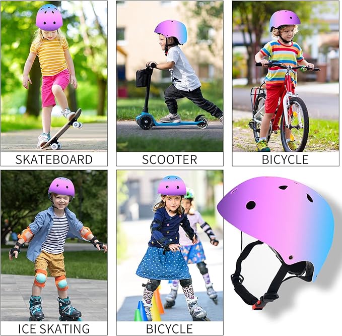 Adjustable Color Gradient Skateboard Helmet for 3-5-8-14+Ages【Toddler Kids Youth Adult】 Girls Boys Woman.Bike Helmet for Multi-Sports Cycling Bicycle Scooter Inline Roller Skate Rollerblading-CubbioJoy