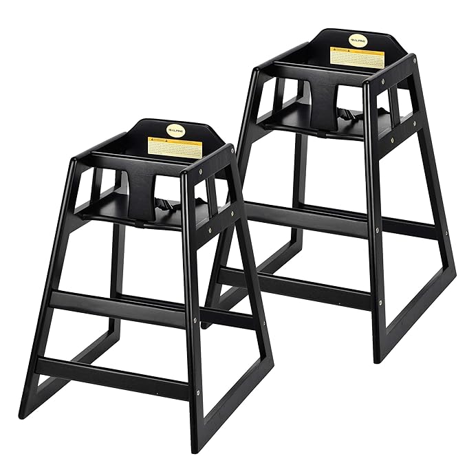 Alpine Wooden High Chairs for Babies and Toddlers with Safety Strap, Commercial Grade Restaurant High Chair, Durable Wood Space Saver Baby Feeding Chair, Ideal for Dining Spaces (2 Pack, Black)-CubbioJoy