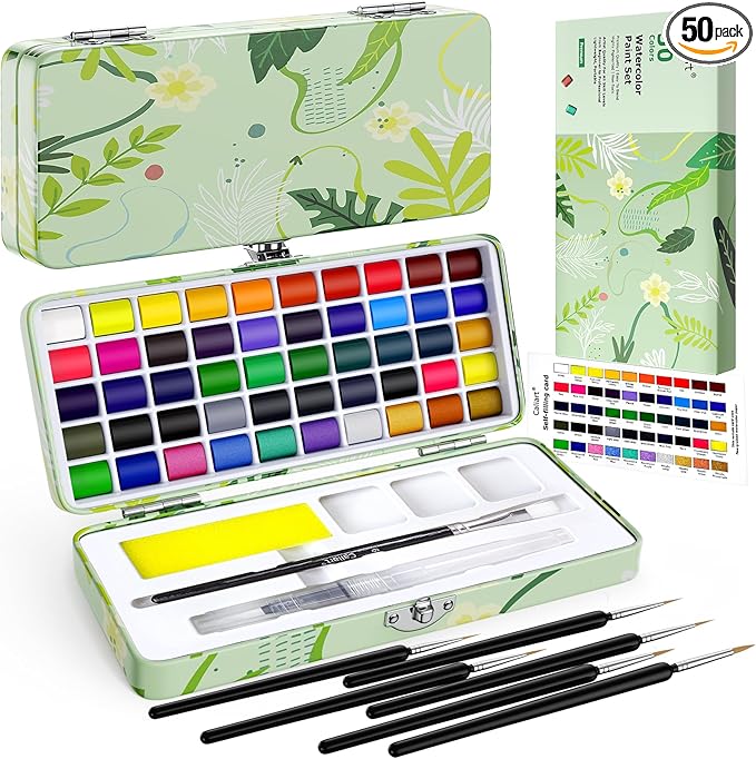 50 Colors Watercolor Paint Set with 6 Brushes, Portable Travel Water Color Kit with Carrying Case, Palette and Accessories, Non-Toxic Art Supplies Gift for Artists Adult Teen Kids Girls Boys-CubbioJoy