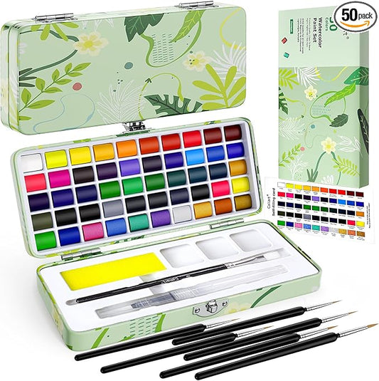 50 Colors Watercolor Paint Set with 6 Brushes, Portable Travel Water Color Kit with Carrying Case, Palette and Accessories, Non-Toxic Art Supplies Gift for Artists Adult Teen Kids Girls Boys-CubbioJoy