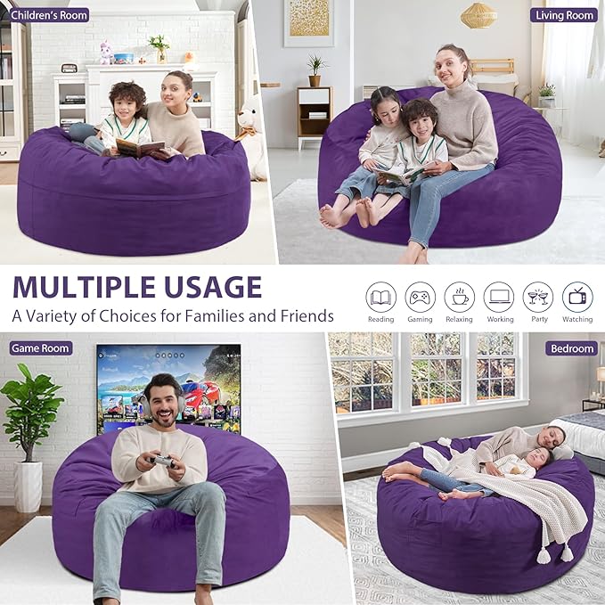 3FT Bean Bag Chair, Comfy Bean Bag Chairs with Memory Foam Filled, Fluffy Beanbag Sofa with Dutch Velvet Cover, Round BeanBag Chairs for Living Room, Playroom - Purple-CubbioJoy