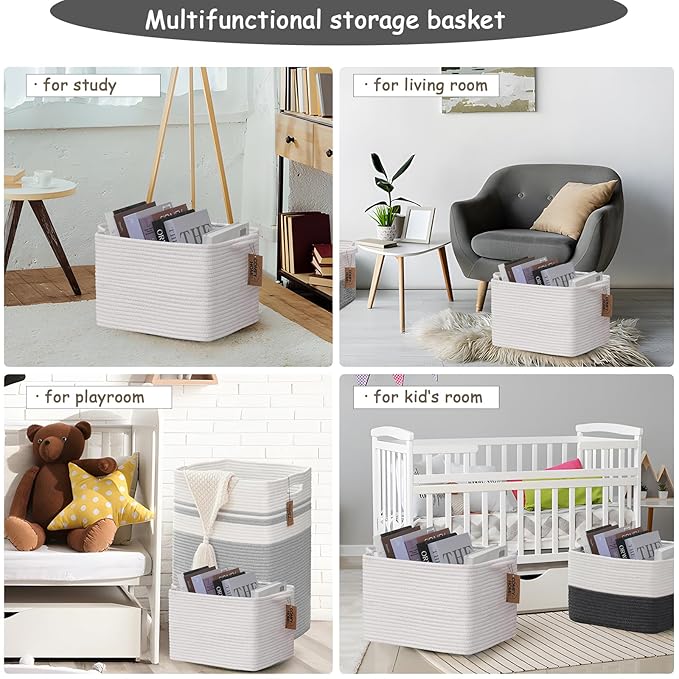 COMFY-HOMI 3PACK Cotton Rope Square Basket with Handles for Shelves|Dog Toy Basket Bin and Storage|Baby Basket for Gif|Shoe basket for Organizing|New13.5" x 11" x 9.5" for Living Room（All White）-CubbioJoy