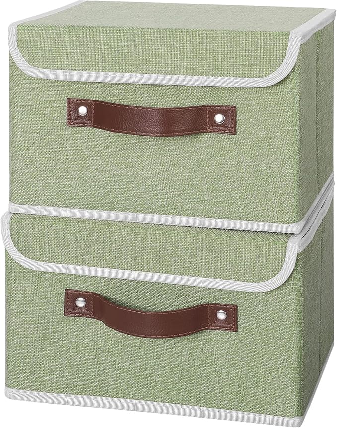 ANMINY 2PCS Storage Bins with Lid PU Leather Handles Storage Boxes PP Plastic Board Decorative Foldable Lidded Cotton Linen Fabric Home Cubes Baskets Closet Organizer Containers - Green, Small Size-CubbioJoy