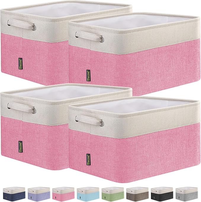 BALEINE 4 Pack Fabric Storage Bins for Shelves, Linen Storage Baskets for Organizing, Decorative Closet Bins for Clothes, Home (Pink, 15''x11''x9.5'')-CubbioJoy