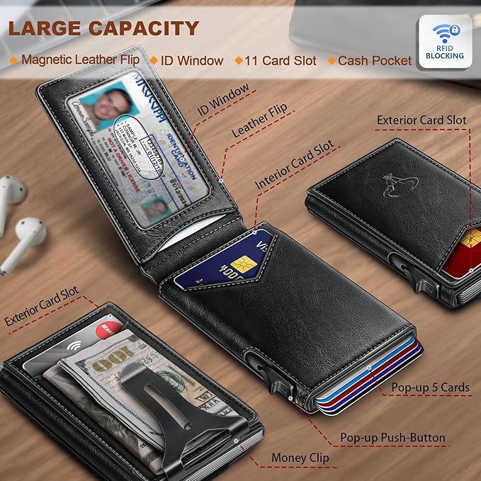 BULLIANT Men Wallet,Money Clip Wallet Slim For Gift Men 9Cards-Metal Credit Card Case in Magnetic Leather Flip-CubbioJoy