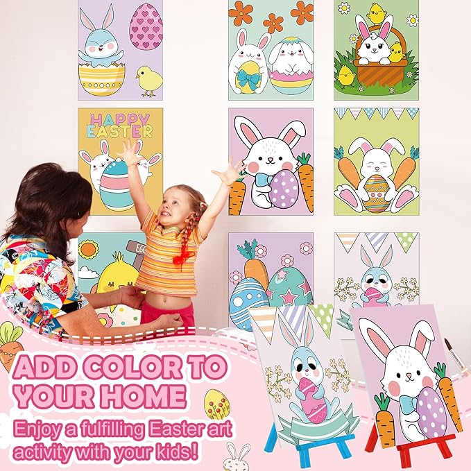 Blosssound 10 Set Pre Printed Canvas Pre Drawn Canvas Painting with Easel Kits 5" x 7" Outline Painting Panels for Beginners, DIY Craft Project, Party Favor, Home Decors(Bunny)-CubbioJoy
