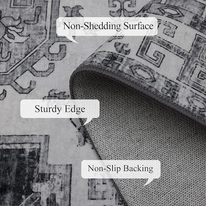 9x12 Area Rug Living Room Rugs, Stain Resistant Washable Rug, Vintage Large Non-Slip Backing, Low Pile Lightweight Print Rug for Bedroom Dinning Room Home Office (Medium Gray)-CubbioJoy