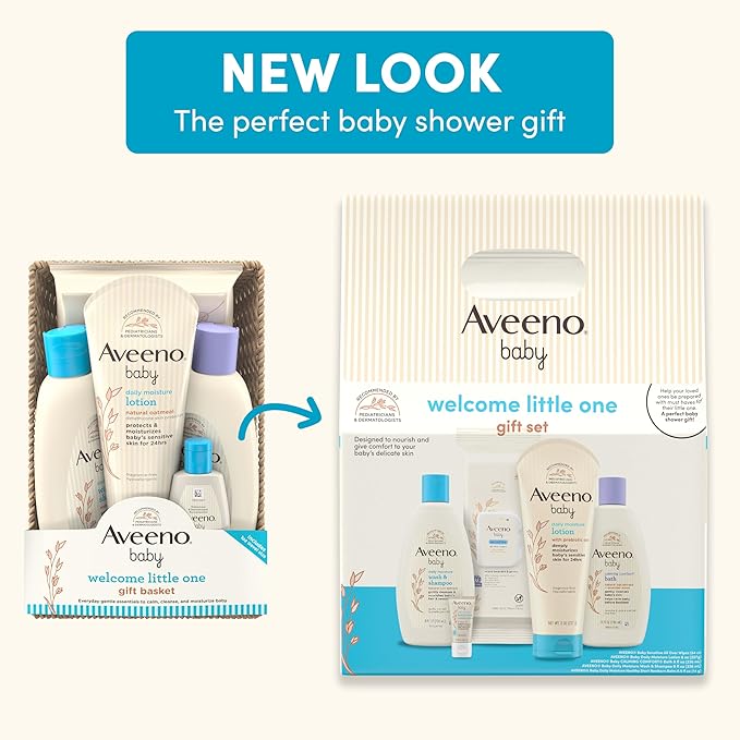 Aveeno Baby Welcome Little One Gift Set, Baby Skincare Set with Nourishing Baby Body Wash & Shampoo, Calming Bath Wash, All Over Baby Wipes, Daily Moisturizing Lotion, & Baby Balm, 5 Items-CubbioJoy