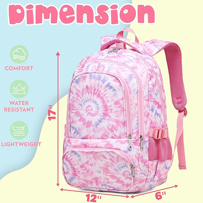 BLUEFAIRY Kids Backpack for Girls Elementary Primary Middle School Bags for Aged 8-10 for Teens Childs Bookbags Back to School Book Bags Gifts Mochilas para Niñas de 6 7 8 9 10 Años Tie-dye Pink-CubbioJoy