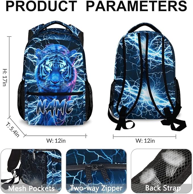 Boys School Backpack, Personalized Tiger Backpacks with Name for Kids Kindergarten Primary Senior Middle, 17 Inch Durable Personalized Cool Lightning Bookbag for School-CubbioJoy
