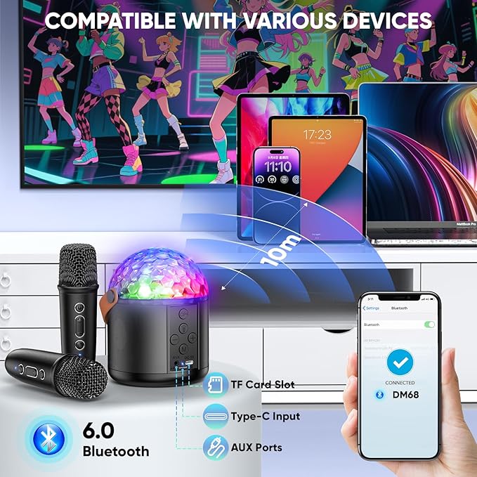 Karaoke Machine with Disco LED Lights for Adults Kids, Portable Bluetooth Speaker with 2 Wireless Microphone Toys Gifts for Girls Boys Birthday Family Home Party-CubbioJoy