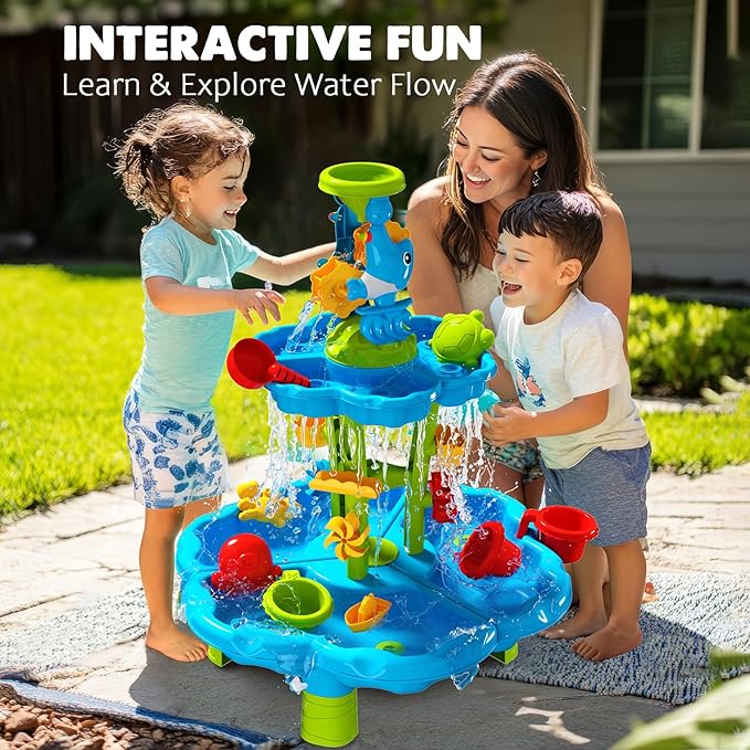 CozyBomB™ Water Table for Toddlers 3-5 | Outdoor Toys Water Play Table, Magnetic Fishing Toy Game, Summer Splash Pond Showers Sand Activity, Sensory Party Birthday Gift Kids Ages 4-8 9-12 (2-Tiers)-CubbioJoy