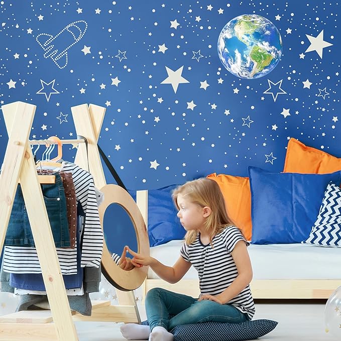 965 PCS Glow in The Dark Stars and Earth for Ceiling, Luminous Stars and Planet Wall Decals, Kids Room Decor, Glowing Galaxy Wall Stickers for Nursery Decorations (Blue)-CubbioJoy