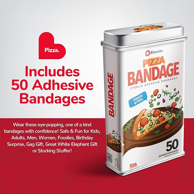 BioSwiss Bandages, Pizza Shaped Self Adhesive Bandage, Latex Free Sterile Wound Care, Fun First Aid Kit Supplies for Kids, 50 Count-CubbioJoy