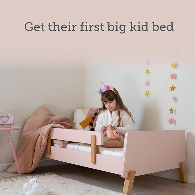dadada Muse Toddler Bed with 2 Removable Safety Rails. Low Profile Montessori Bed for Kids. Sturdy Solid Wood Frame, Fits Standard Crib Mattress, Easy to Assemble, Toddler Bed for Girls & Boys - Pink-CubbioJoy