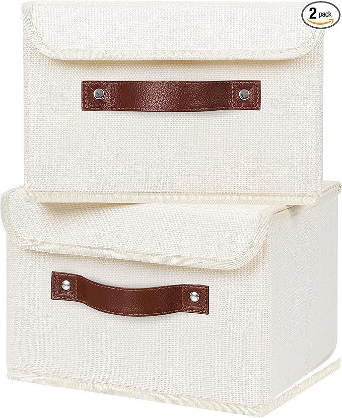 ANMINY 2PCS Storage Bins with Lid PU Leather Handles Storage Boxes PP Plastic Board Decorative Foldable Lidded Cotton Linen Fabric Home Cubes Baskets Closet Organizer Containers - Beige, Small Size-CubbioJoy